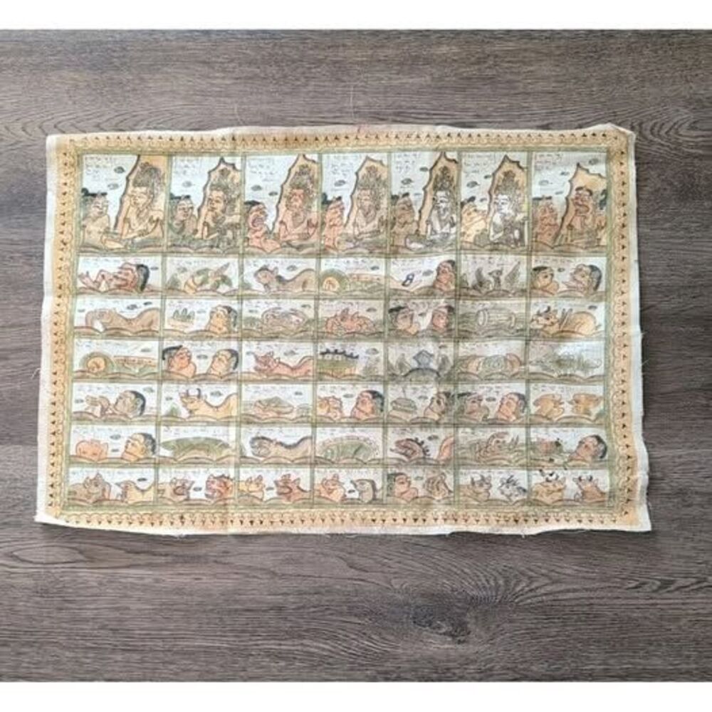 Vintage Kamasan Bali Indonesia Textile Hand Painting Mythology 24" X 17"